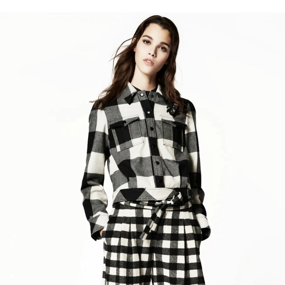 Zac Posen wool blend black+white plaid lightweight snap closure Bomber  jacket 4